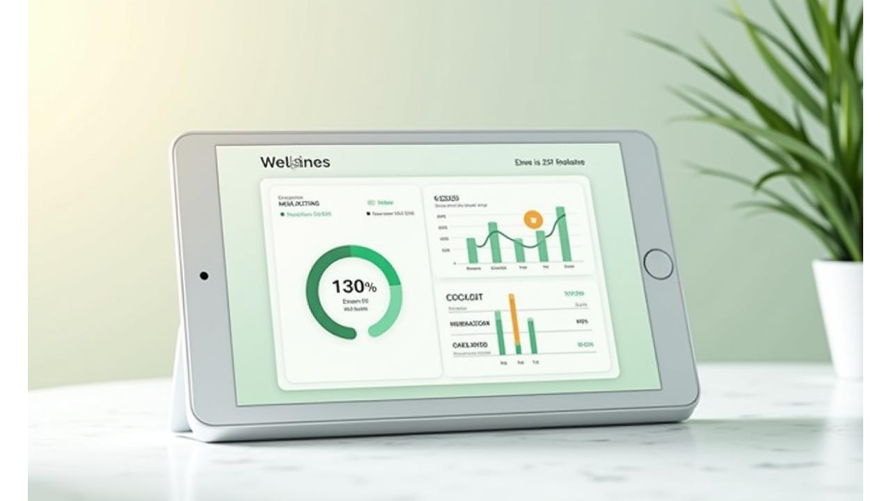 Virdian Bloom wellness tracking dashboard showing various health metrics, progress charts, and goal visualization on a tablet interface.